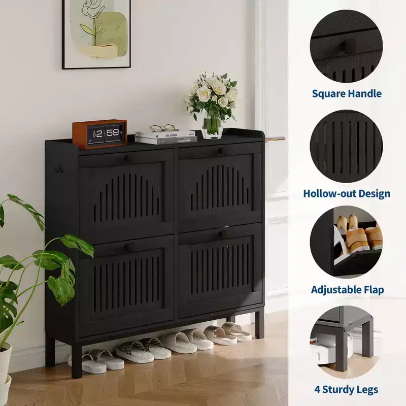 Shoe Storage Cabinet with 4 Flip Drawer, Shoes Organizer with Square Handles, Adjustable Shoe Rack for Entryway Living Room Bedroom