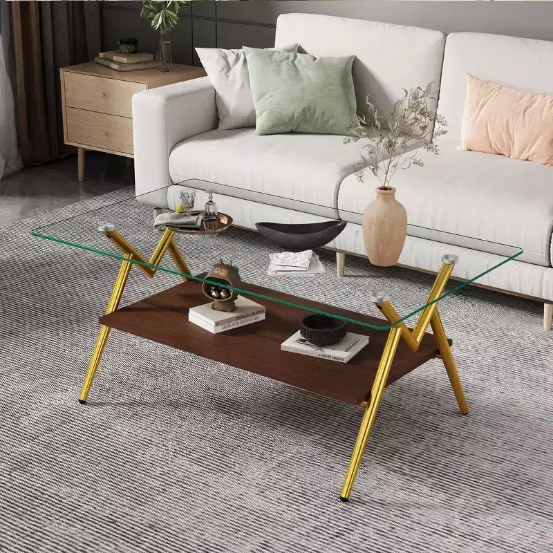 Modern 2-Tier Coffee Table with Tempered Glass Top & Sturdy Metal Legs, Center Accent Table with Open Shelf for Living Room