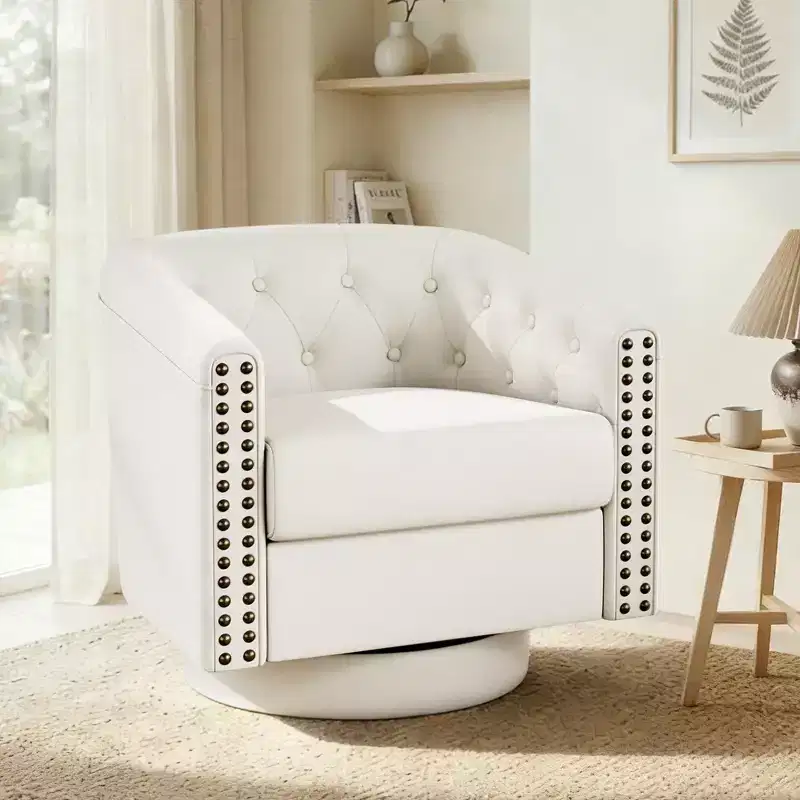 Swivel Barrel Accent Chair, Modern Nailhead Armchair, 360° Comfy Reading Chair for Living Room & Bedroom