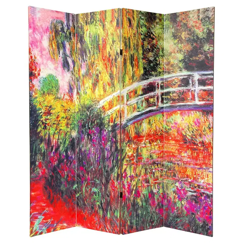 Monet Fine Art Double Sided Room Divider Japanese Bridge and Poppy Field in Argenteu - Oriental Furniture
