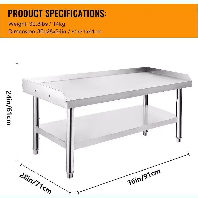 36x28x24 Stainless Steel Equipment Grill Stand Table,1000 lbs Top Shelf,220 lbs Bottom Shelf,Adjustable Legs,2 Edge Baffle
