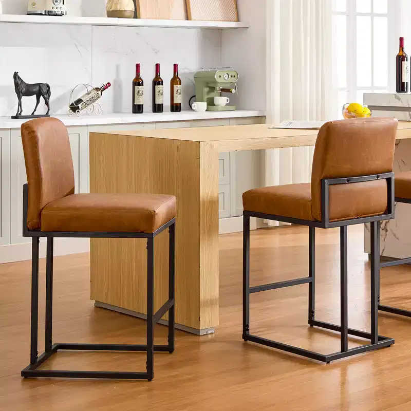 24 Bar Stools, Counter Height Bar Stools with Back, Modern PU Leather Barstools for Kitchen Island, Upholstered Bar Chair with Metal Frame Footrest