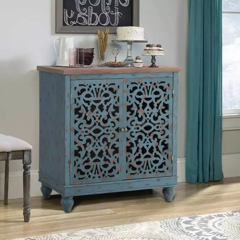 Distressed Hollow-carved Accent Storage Sideboard Buffet Cabinet with Solid Wood Legs for Living Room Entryway Foyer