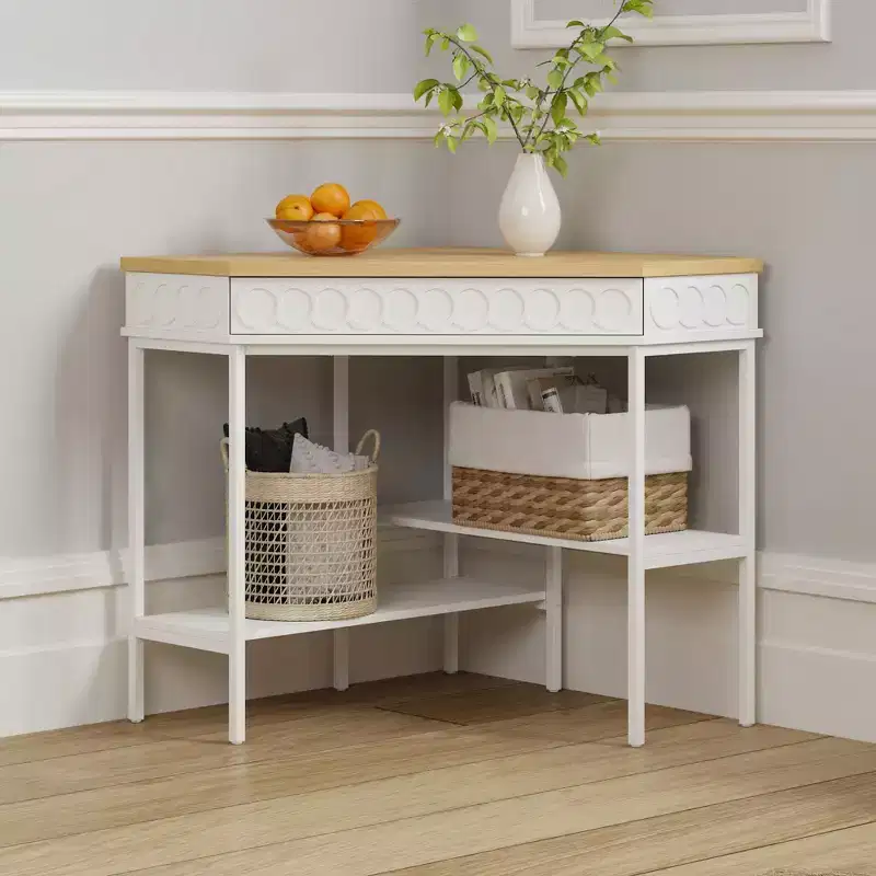 White & Oak Rotating Corner Side Table with Curved Drawer and Open Shelves