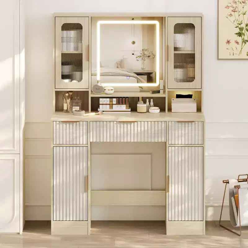 Vanity Desk with Mirror and Light, Makeup Dressing Table with 2 Glass Cabinets, 2 Large Cabinets & 3 Wavy Drawers
