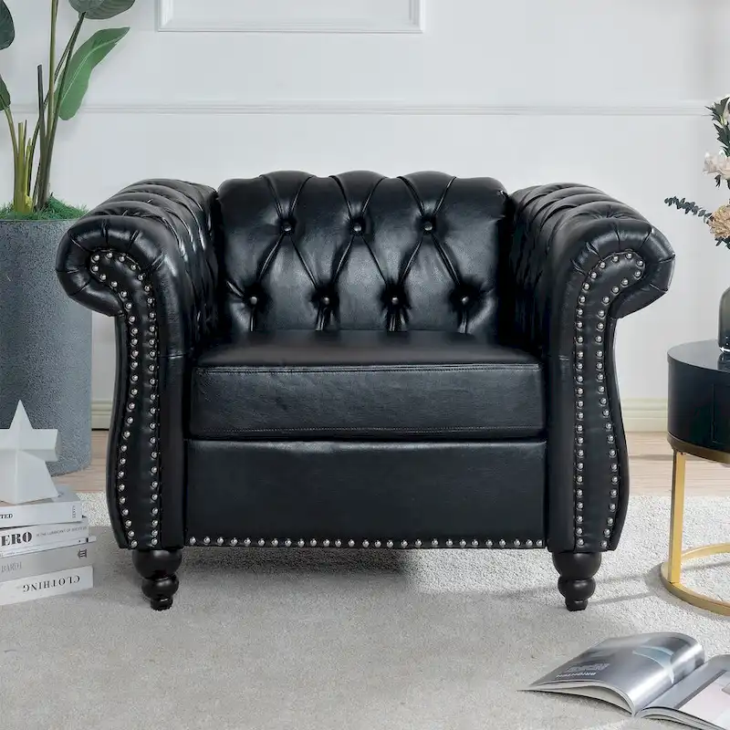 Classically Elegant 84.65 Three-Seater Rolled Arm Chesterfield Sofa in PU Leather - Sturdy Birch Legs, Soft Upholstery
