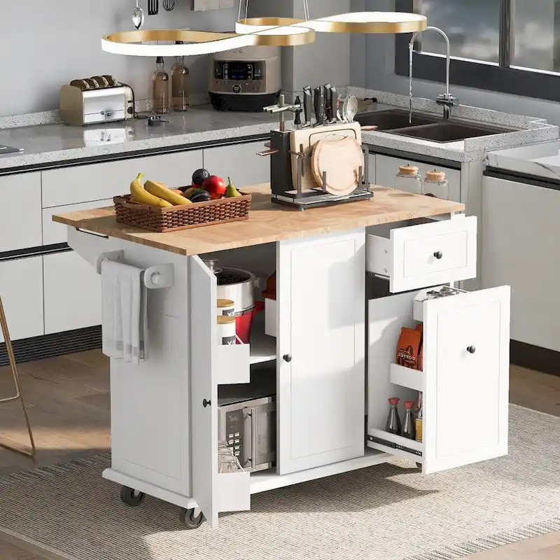 Kitchen Island on Wheels with Drop Leaf and 3 Tier Pull Out Organizer