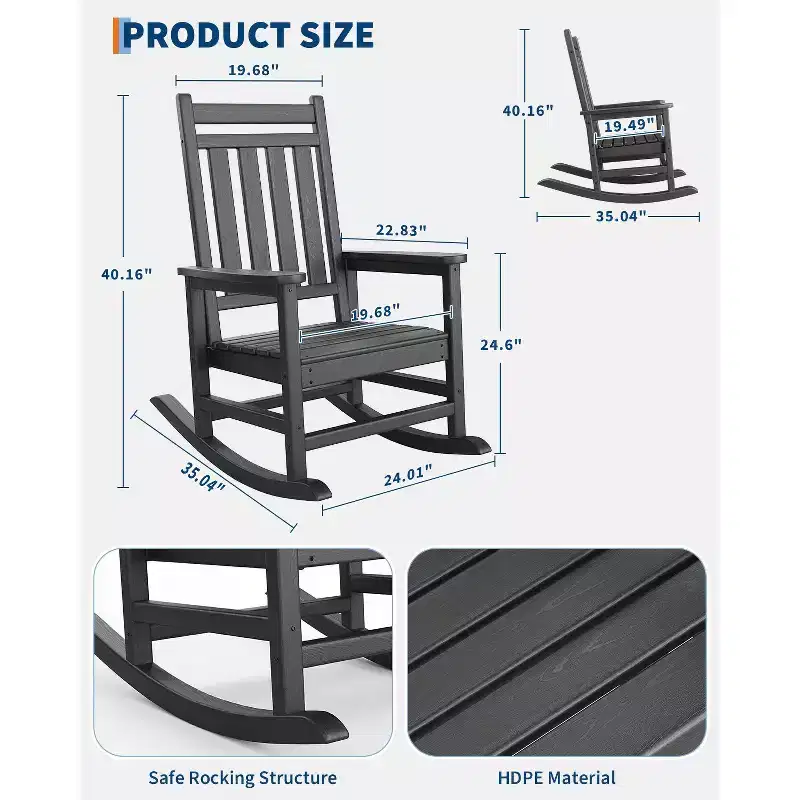 Rocking Chair, All Weather HDPE Plastic Patio Rocker Chair with Wide Armrests, Classic Fire Pit Chair for Porch, Deck, Lawn, Garde