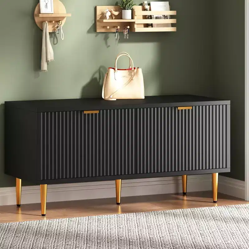 COZONY 42'' Modern Fluted Shoe Storage Bench with Cabinet, Wooden Entryway Shoe Bench for Hallway, Foyer, Mudroom or Front Door