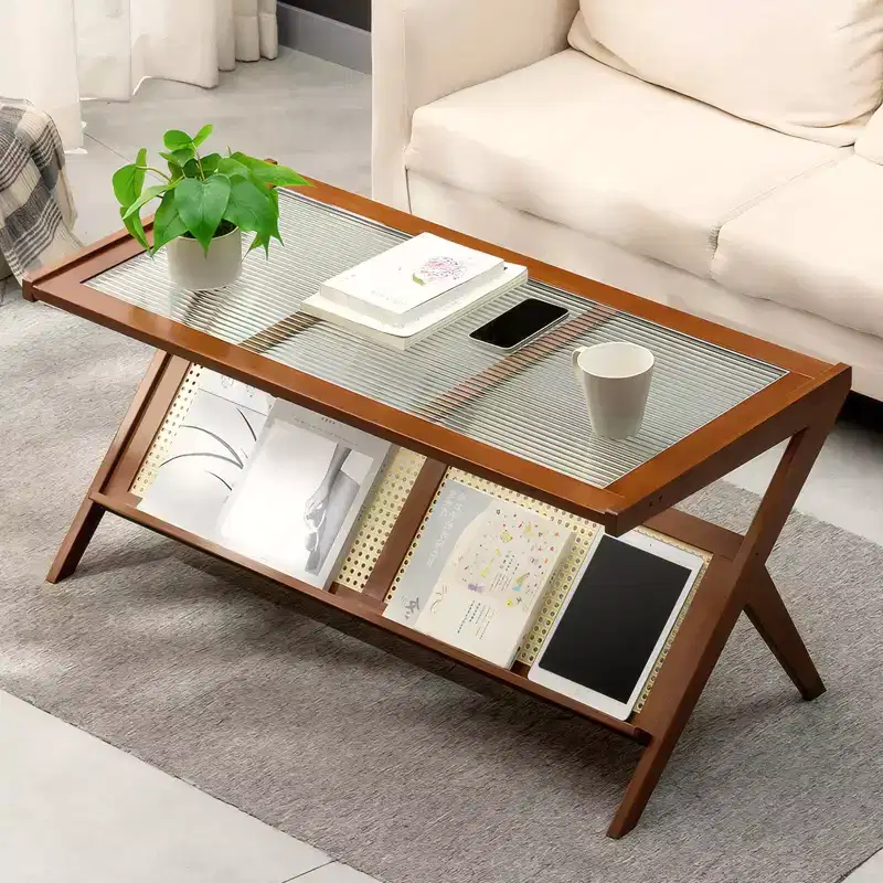 Mid-Century Modern 39.4 Wood Coffee Tables with Glass Top and Rattan Shelf