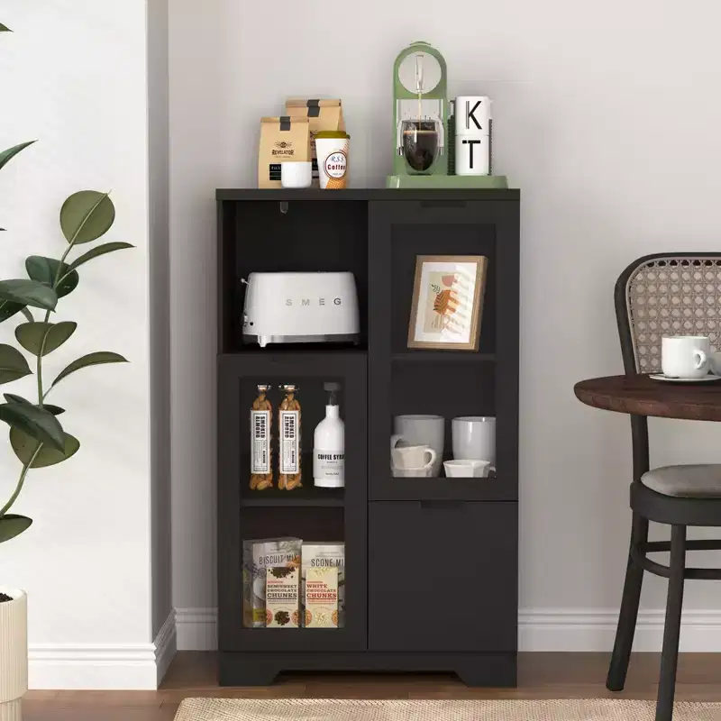 CLIHOME 2-Door Painted Storage Cabinet with Glass Doors and Drawer, Open Storage Space
