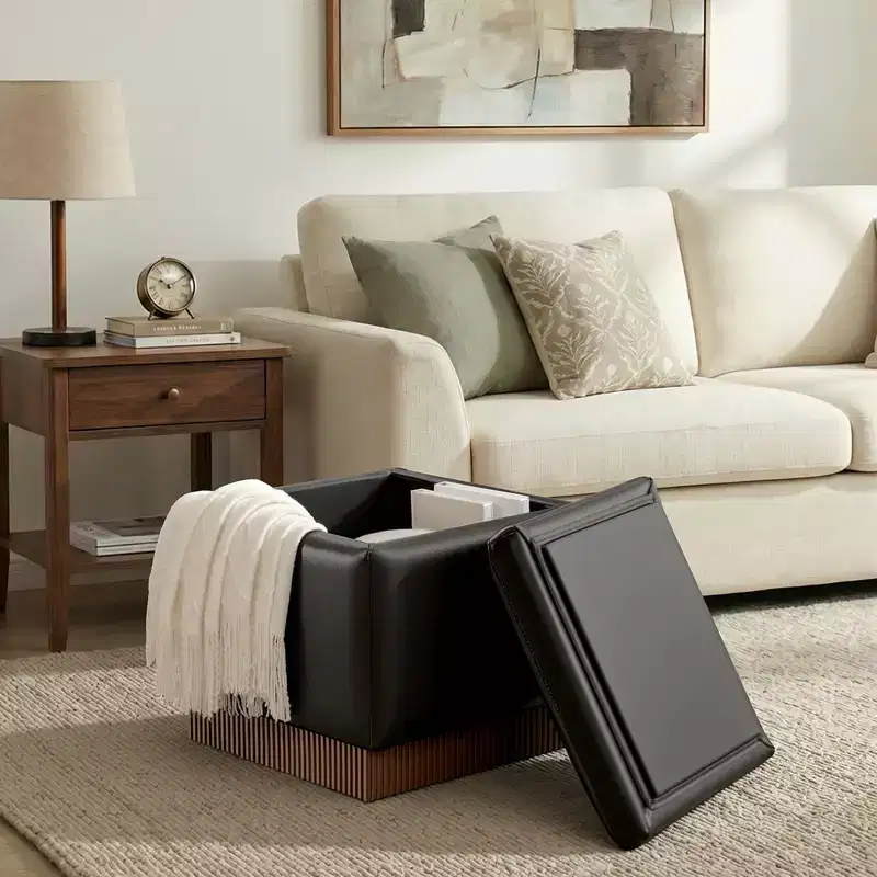 Bekrvio Cube Swivel Storage Ottoman,Leather Footrest with Solid Acacia Wood Frame, Small Coffee Table for Living Room,No Assembly Required