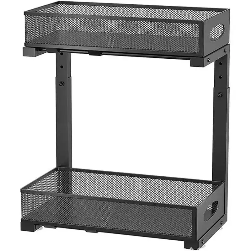 2-Tier Upgraded Under-Sink Organizer, Slide-Out Mesh Metal Drawer, Pull-Out Cabinet Spice Basket, Multi-Functional Shelves for Kitchens