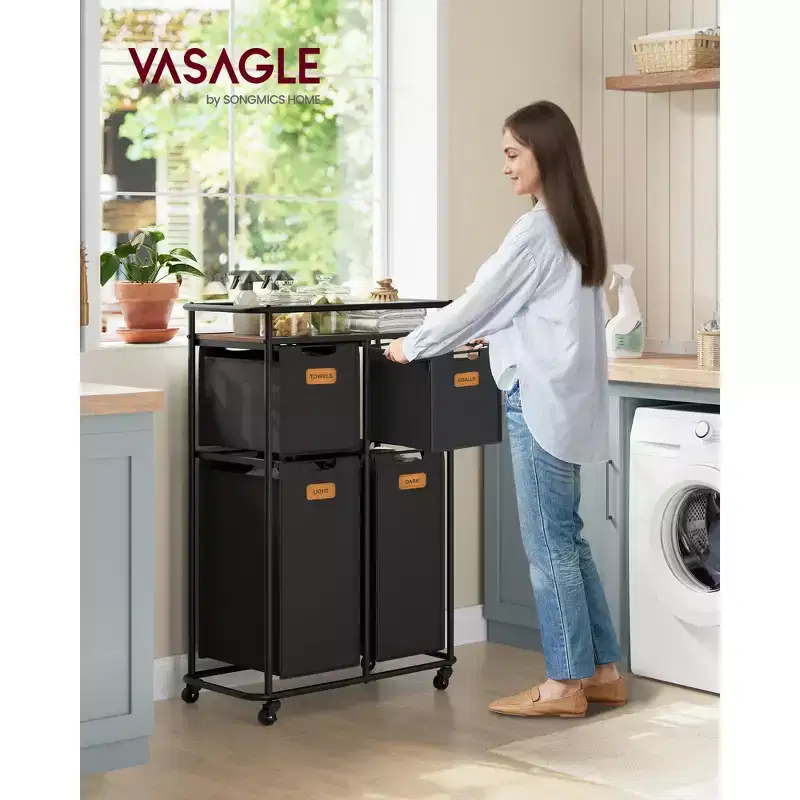Rolling Laundry Sorter, 39.6 Gal. 4-Bag Hamper with Wheels & Top Shelf, Ink Black