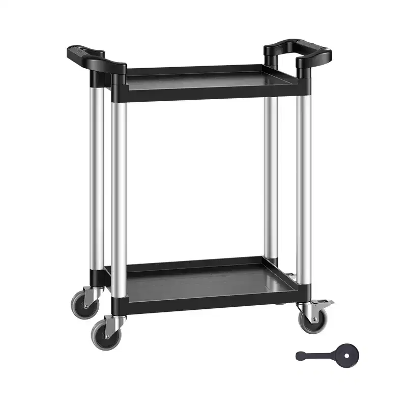 Utility Cart, 300 lbs Load Capacity, 2-tier Utility Plastic Cart with 360 Swivel Wheels (2 with Brakes), 24.4 x 16.1in Food Service Cart,Black