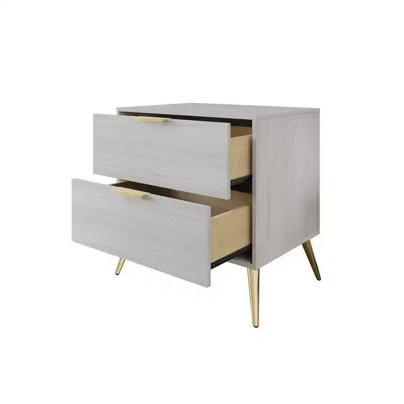 2-Drawer Nightstand with Gold Legs and Handles, Solid Wood