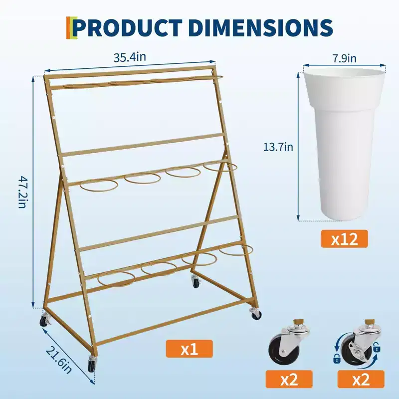 Coolmee Flower Display Stand,3 Tier Flower Cart with 12 Round Buckets and Wheels, Moving Flower Cart Display Stand for Garden, Wedding, Flower Shop
