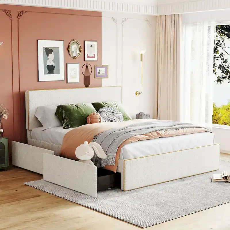 Comfy Queen Size Upholstered Platform Bed with 4 Drawers Ample Storage & Headboard, Footboard & Hidden Both Sides Drawers