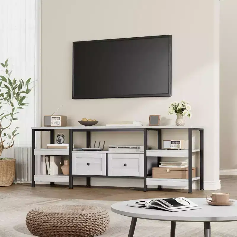 79 Modern-Industrial TV Stand with 2 Fabric Drawers, Entertainment Center for TVs Up to 85, Rustic Brown Media Console with Storage Shelves,White