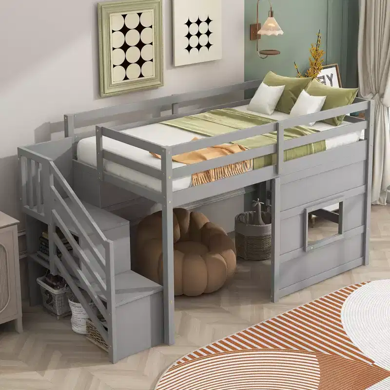 Twin Size Low Loft Bed with Storage Staircase and Window, Wooden Twin Loft Bed Frame with Under-Bed Space for Kids Teens