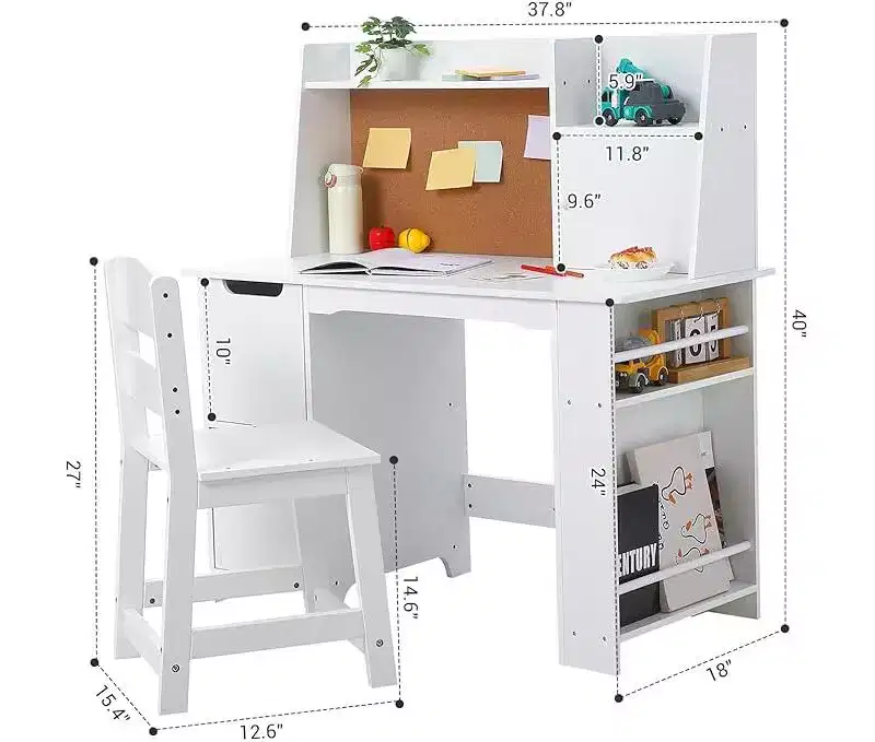 Kids desk and Chair Set, Wooden Kids Desk with Hutch, Bookshelf, Storage Cabinets & Cork Board, Writing Desk for Boys and Girls