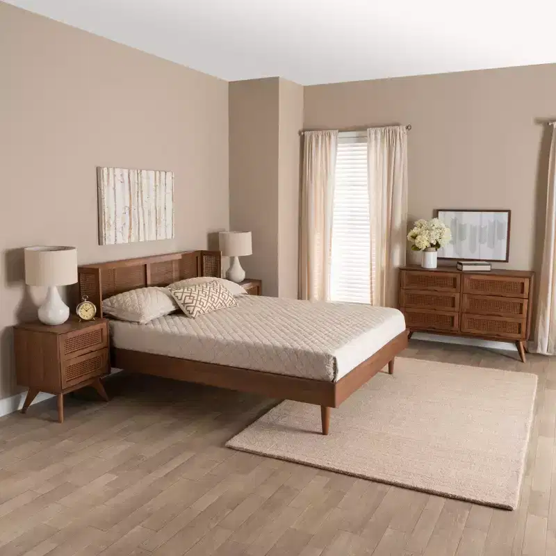 Baxton Studio Rina Mid-Century Modern Walnut Wood Bedroom Set with Synthetic Rattan