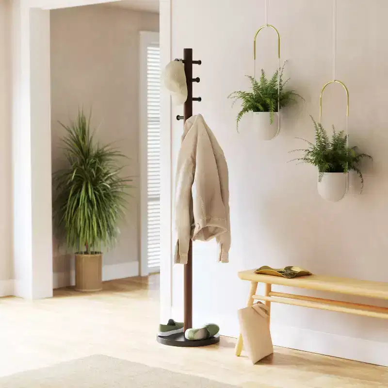 Wood Pillar Coat Rack, 8-Hook, Freestanding, Black/Walnut, 66
