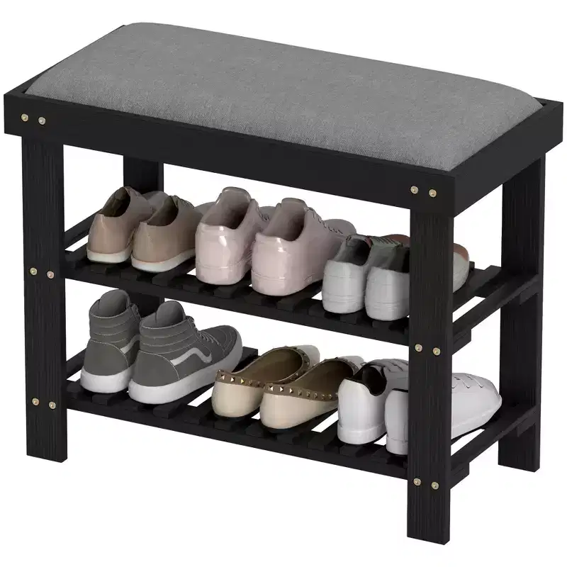Bamboo Shoe Storage Bench, 3-Tier Entryway Bench with Cushion, Shoe Organizer for Entryway, Hallway