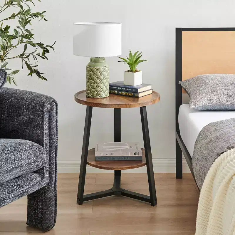 Mason Round 2-Tier Mid-Century Side Accent Table – Walnut/Black, Pedestal Legs, MDF