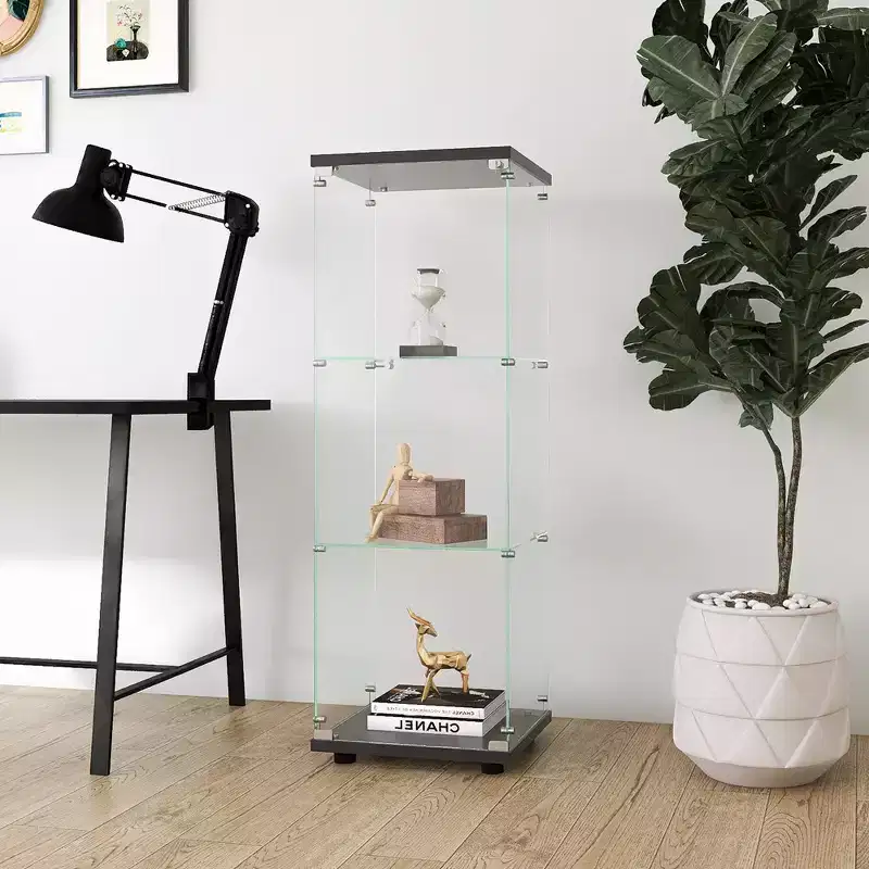 Modern Glass Display Cabinet With Clear Door Floor Standing 3-Shelf Collection Display Glass Bookshelf For Living Room Home Office