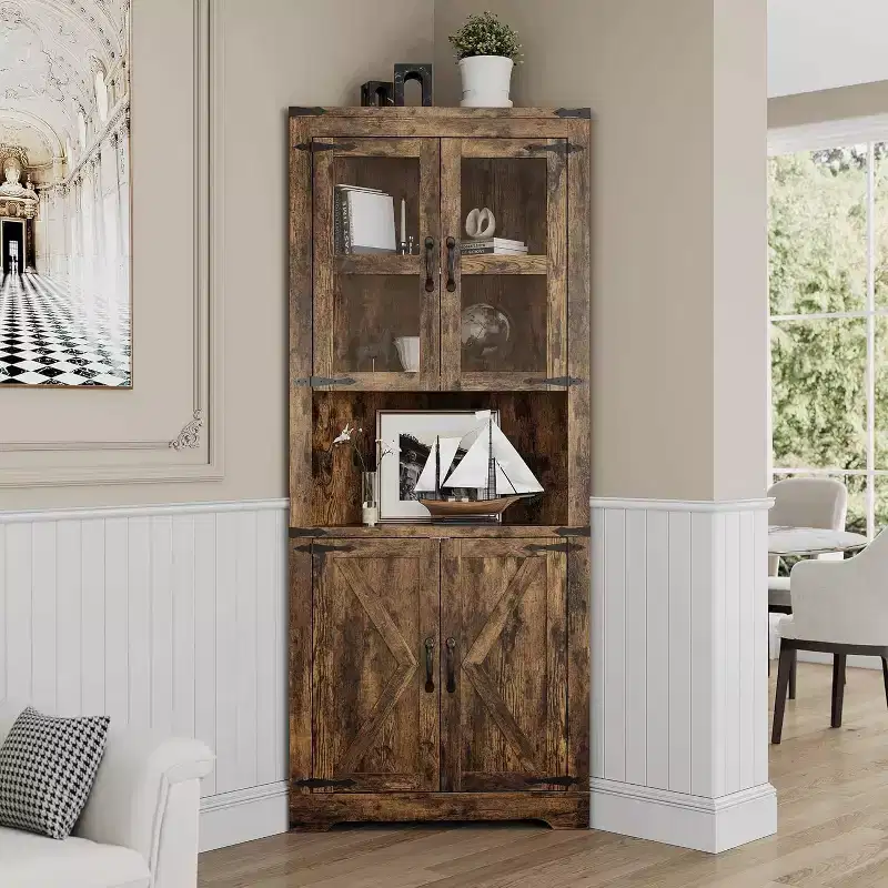 67 in Tall Corner Storage Cabinet with Lights, Corner Hutch Display Cabinet with Glass Doors, Wooden Storage Organizer for Kitchen