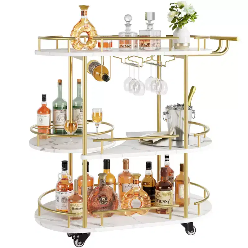 3-Tier Gold Bar Cart with Rotating Wine Rack, Glass Holder & Wheels