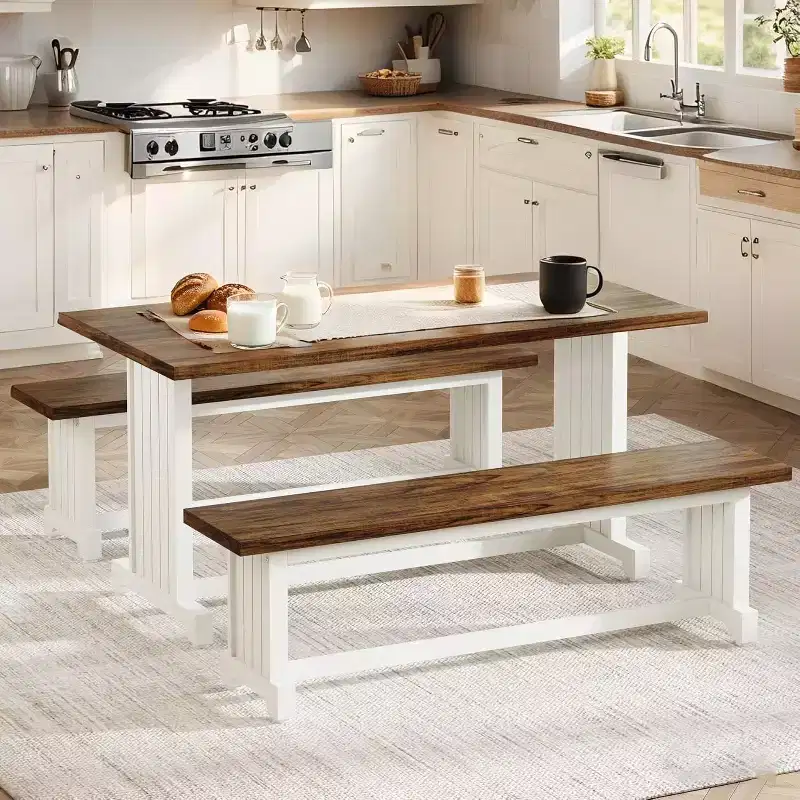 Lantine 47-Inch Small Dining Table Set for 2, 3-Piece Kitchen Table with Benches for Narrow Space, Apartment, White & Rustic Brown