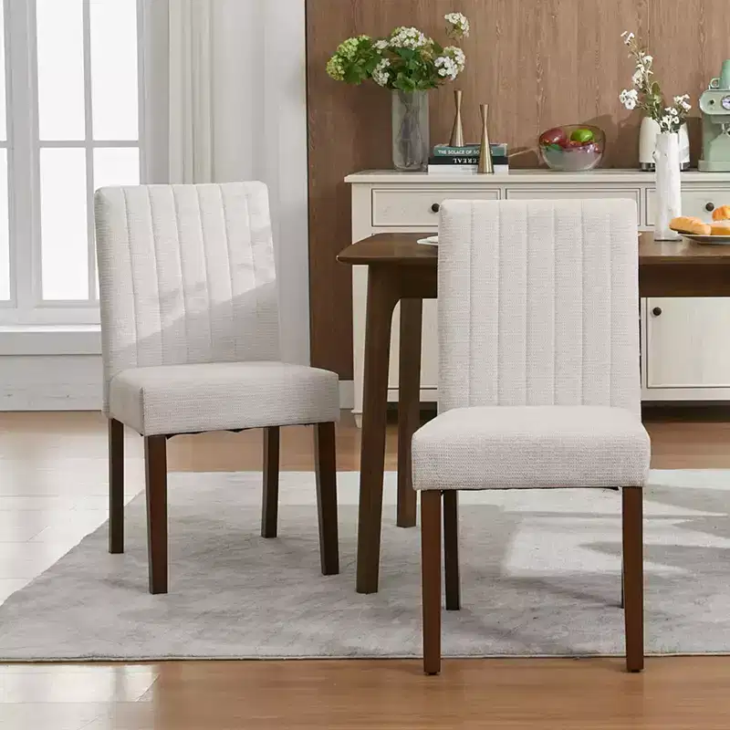 Upholstered Dining Chairs Set of 2 - Modern Linen Fabric Side Chairs with Wood Legs