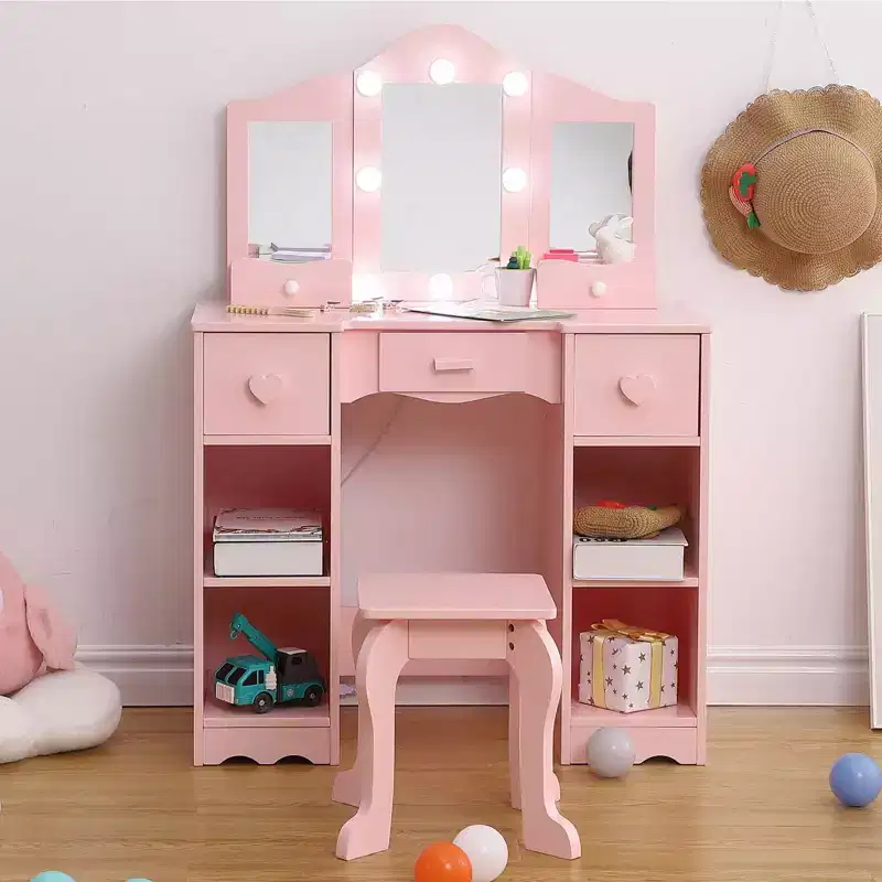 2-in-1 Girls Vanity Table with Tri-Fold Mirror & Light - Wooden Princess Makeup Desk with Stool & Drawer for Pretend Play