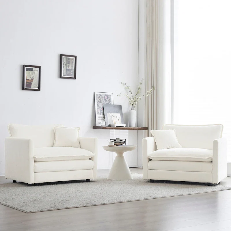 Accent Chair of 2, High-end Chenille Upholstered Armchairs, Living Room Side Chairs with Toss Pillow, White
