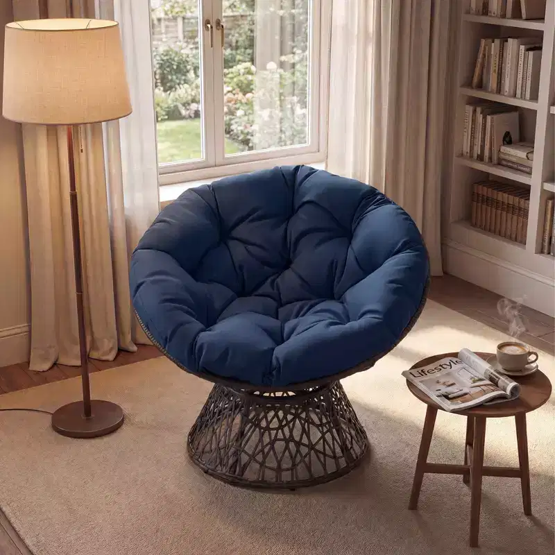 Gymax 360-DegreeSwivel Papasan Chair Round Wicker Lounge Chair w/Thick Cushion&Metal Frame