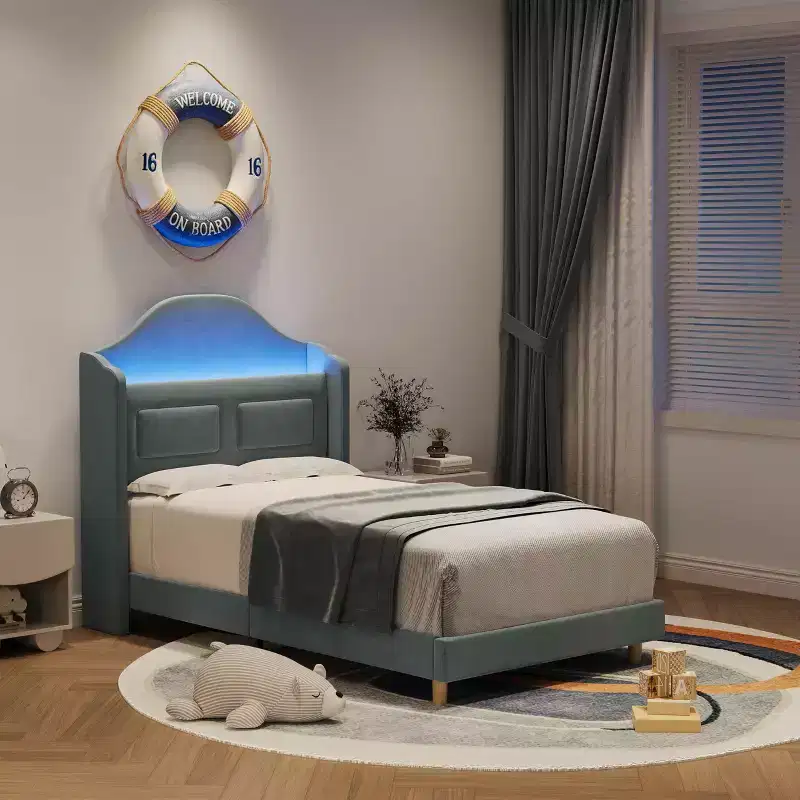 Twin Bed Frame with Storage Headboard and LED Lights, Upholstered Velvet Platform Bed for Kids, No Box Spring Needed, Sturdy Metal & Wood Frame