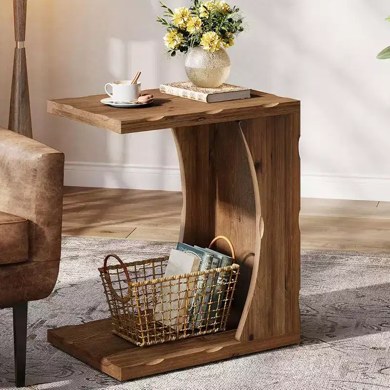 Lantine C-Shaped End Table for Living Room, Solid Wood Small Skinny Side Table for Couch with Storage Shelf for Easy Assembly, Rustic Brown
