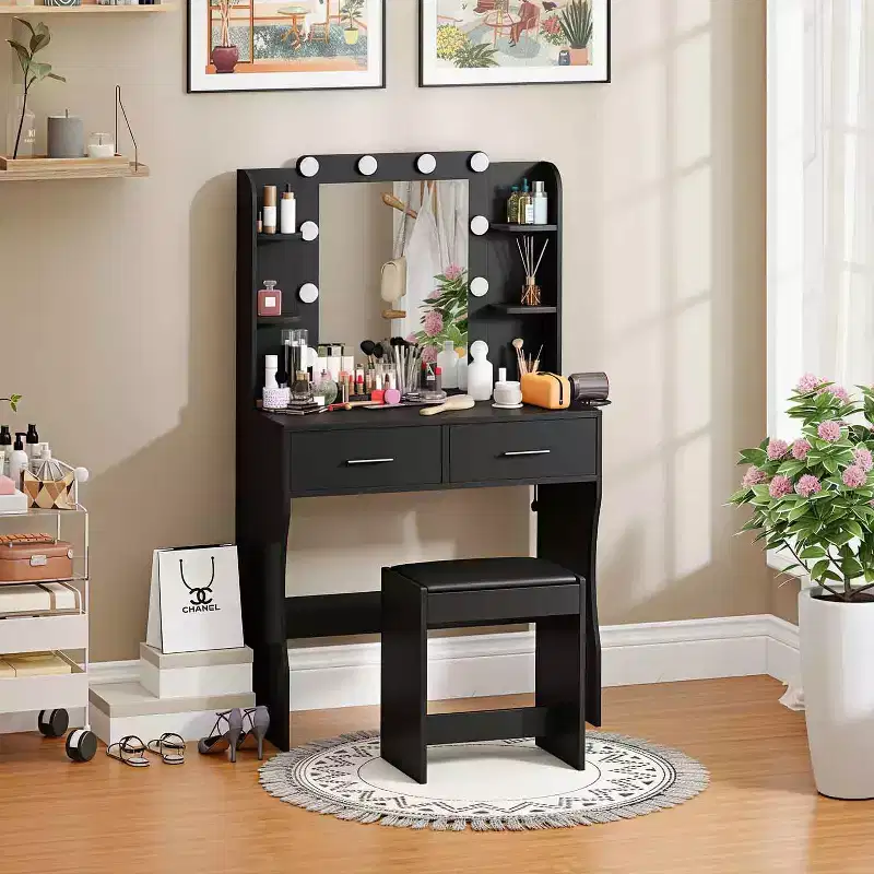 FDW Vanity Desk Makeup Vanity With Large Mirror And 3 Color Light Options Dressing Table Set With Adjustable Power Strip hair dryer holder