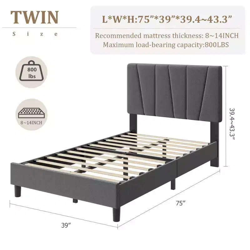 Twin Platform Bed Frame with Adjustable Headboard, Linen Upholstery & Wood Slats, Grey