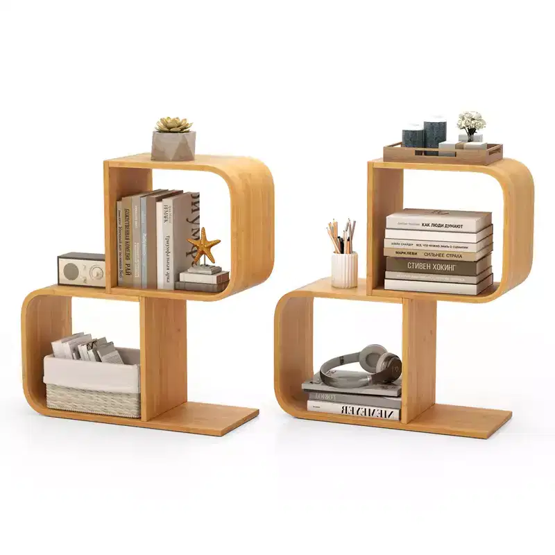 Costway 2PCS Bamboo Geometric Bookshelf 2-Tier S-Shaped Bookcase w/ Anti-tipping Device