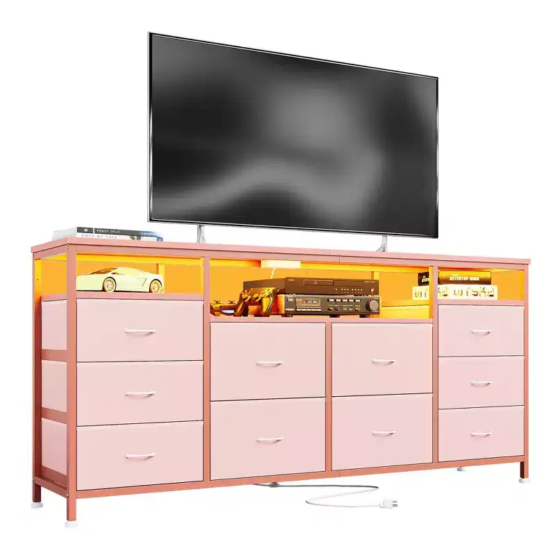 10 Drawer Dresser for 75In TVs, 63 W Long Wide Chest of Drawers, Multi-Functional Storage Organizer Dresser for Closet Hallway Living Room, Pink