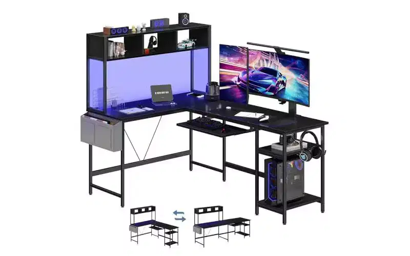 TUYOHW L-Shaped Smart LED Gaming Desk,Reversible Computer Desks with Keyboard Tray,Storage Shelf,Side Bag,Corner Table for Gaming Room,Home Office