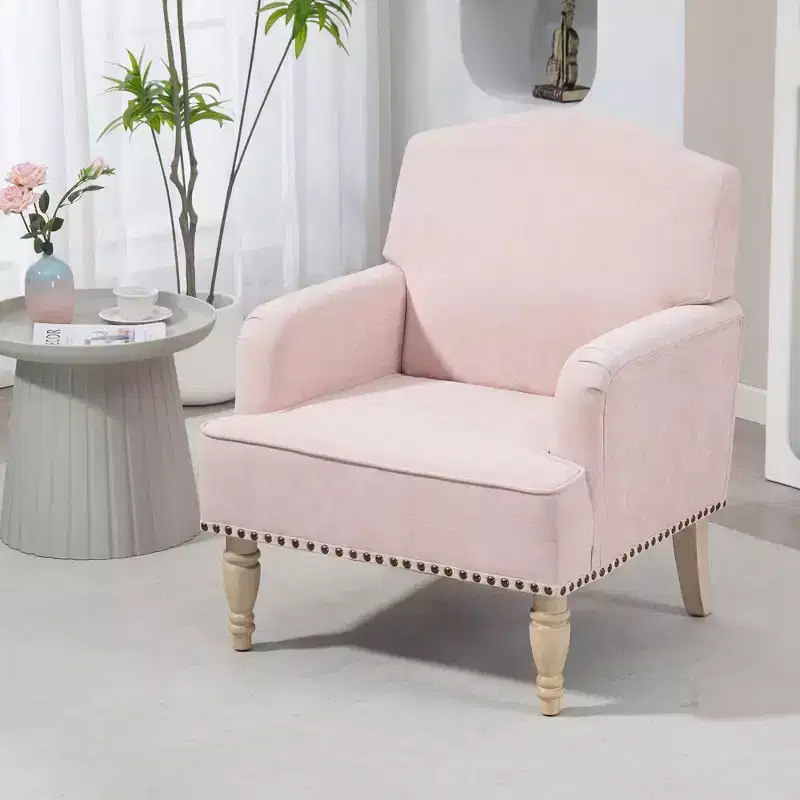Okak Modern Accent Chair with Retro Wooden Legs, Small Fabric Club Chair, Comfy Upholstered Armchair Lounge Chair for Bedroom Living Room