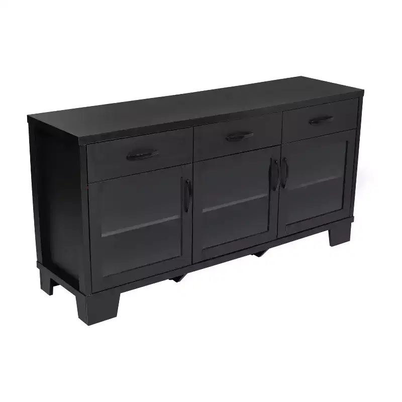 3-Drawer Engineered Wood Buffet Sideboard Cabinet with Tempered Glass Doors