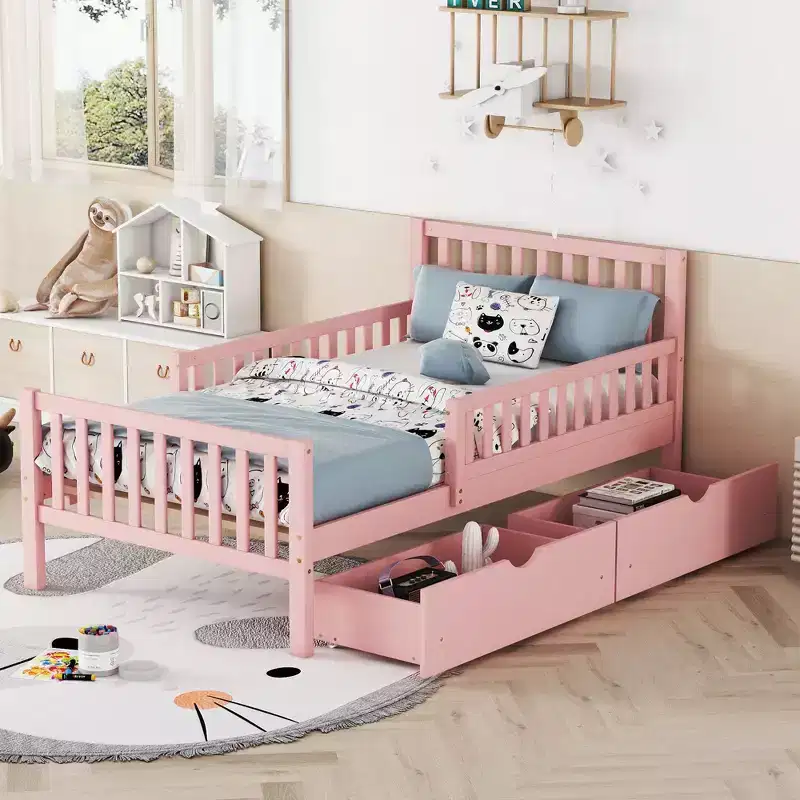 Wood Platform Bed with Guardrails for Kids, Wood Platform Bed Frame with 2 Storage Drawers