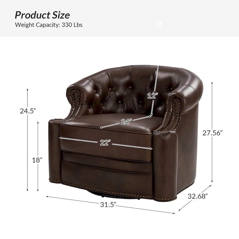 Felipe Modern Genuine Leather Swivel Chair With Tufted Back By HULALA HOME