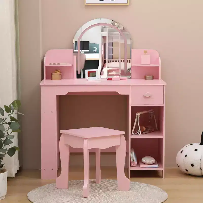 Kids Makeup Vanity with Lighted Mirror & Stool, Little Girls Vanity with Bookshelf, Storage Drawer