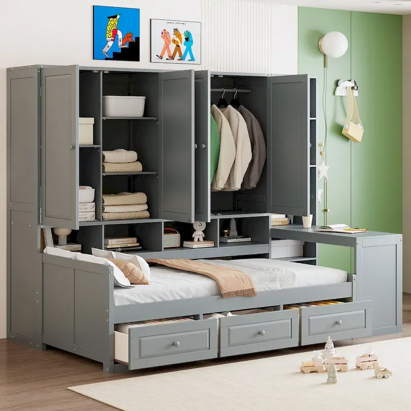 Wooden Daybed Frame All-in-One Bookcase Captains Bed with Storage Cabinet, Wardrobe, Side Writing Desk and 3 Bottom Drawers